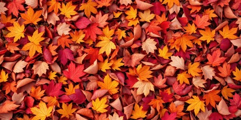 Wall Mural - A beautiful background of fallen autumn leaves in rich reds, oranges, and yellows, creating a warm and inviting scene, botany, seasonal, texture