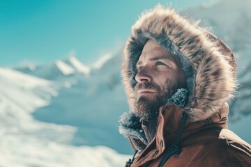 Wall Mural - Portrait of a tender man in his 40s wearing a warm parka in front of pristine snowy mountain