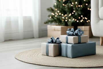 festive holiday decor, christmas gifts adorned with ribbons and tags sit on a woolen rug in a minimalist living room with festive garlands