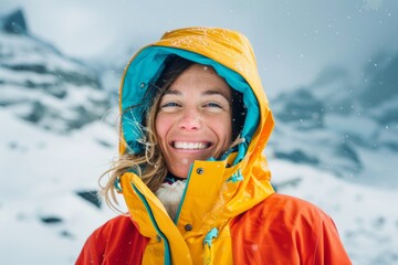 Wall Mural - Portrait of a happy caucasian woman in her 40s wearing a vibrant raincoat while standing against pristine snowy mountain