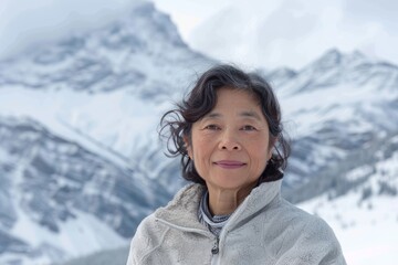 Wall Mural - Portrait of a content asian woman in her 50s wearing a thermal fleece pullover in front of pristine snowy mountain