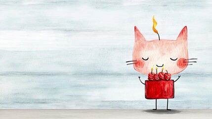 Poster - A drawing of a cat holding a birthday cake with candles