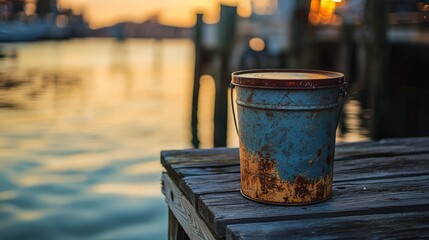 Poster - Live bait bucket on a dock at sunset nature photography peaceful waterscape rustic setting captured moment