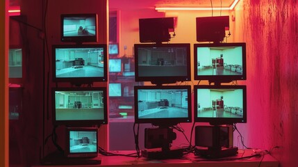 Poster - Cctv surveillance footage display urban monitoring center digital media modern environment wide angle view security concept