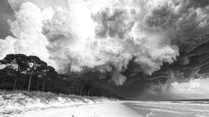 Poster - A black and white photo of a stormy sky over a beach