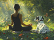 © nuttachet chinavong - serene image of woman meditating in nature with dog, surrounded by greenery and sunlight. peaceful atmosphere evokes tranquility and connection with nature