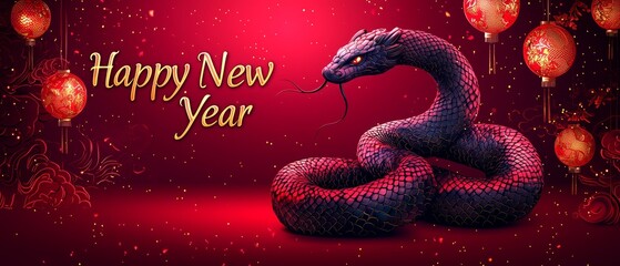 Wall Mural - A red and black snake with red lanterns on a red background