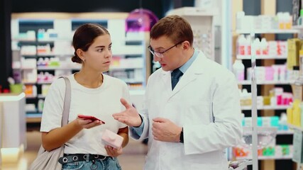 Wall Mural - Worried young female customer discussing with middle-aged apothecary QR-code information of medicine in pharmacy