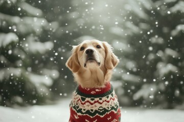 Poster - A lovable dog sits in a snowy landscape, wearing a colorful winter sweater, looking playful while surrounded by falling snowflakes. Generative AI