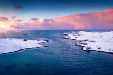 Wall Mural - spectacular morning wiew from flying drone of lofoten islands. majestic winter sunrise in norway, eu