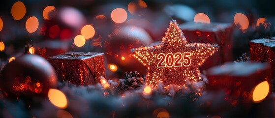 Sticker - A red star with the number 2025 on it surrounded by Christmas decorations