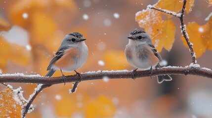 Poster - A couple of birds sitting on top of a tree branch covered in snow