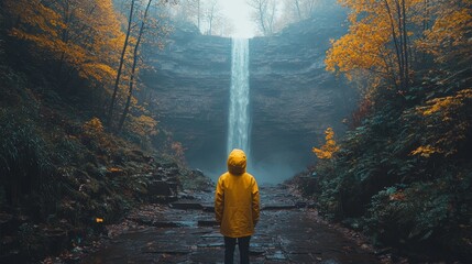 Poster - A person in a yellow raincoat standing in front of a waterfall