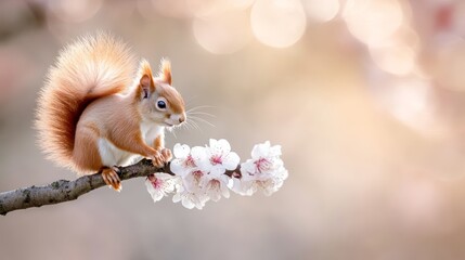 Wall Mural - A squirrel sitting on a branch with white flowers