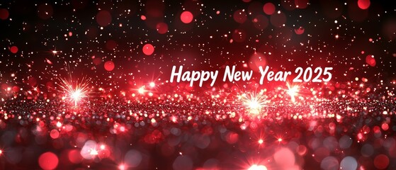 Poster - a red and black background with fireworks and the words happy new year 2025