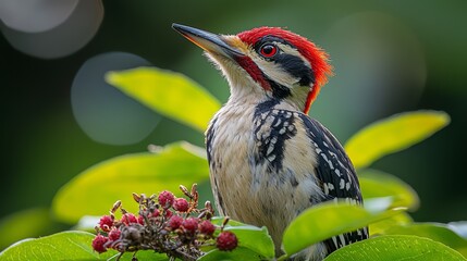 Poster - A bird with a red head sitting on a tree branch