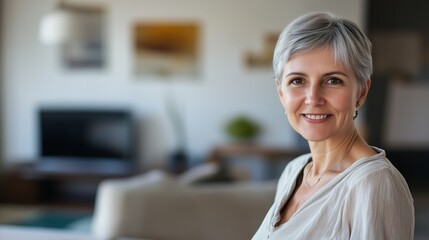 Canvas Print - Woman with gray hair is sitting in a living room