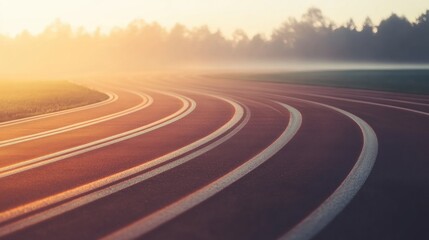 Aufkleber - A curved running track extends into the distance under a soft sunrise, surrounded by trees and shrouded in morning mist, inviting runners. Generative AI