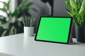 Tablet computer with chroma key green screen showing on white table in modern office with houseplants