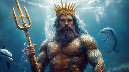 Fantasy portrait of Poseidon, ancient Greek God of the sea, the earthquake and the seaquake. (Called Neptune in the ancient Roman mythological tradition). 