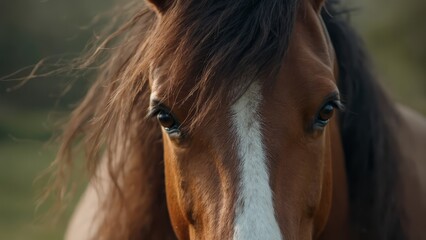 Canvas Print - A close up of a brown horse with a white stripe on its face