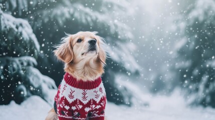 Poster - A cute dog in a colorful winter sweater sits in a snowy landscape, surrounded by soft snowflakes and beautiful trees in winter serenity. Generative AI