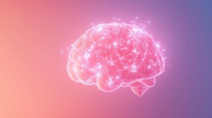 Fototapete - A glowing brain made of interconnected light points and lines stands out against a gradient background, providing clear copy space for text. Generative AI