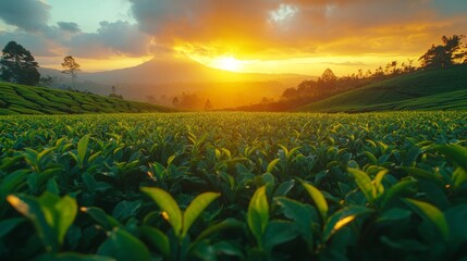 Poster - Golden rays of the sun rise over a verdant tea plantation situated in the mountains. The landscape features vibrant green tea bushes with a breathtaking view of the distant peaks.