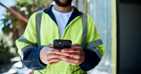 Aufkleber - Man, engineer and hands typing with phone for planning construction project, infrastructure and site development. Architect, mobile and builder outdoor for communication, message and check schedule