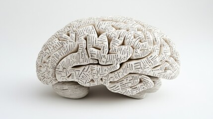 Fototapete - A detailed representation of a brain formed by arranged words and phrases, featuring a clean area perfect for supplementary text. Generative AI