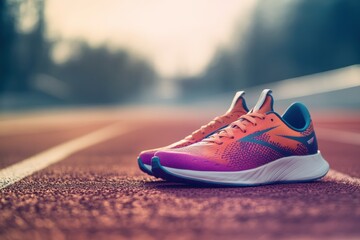 Poster - Brightly colored running shoes are positioned on a smooth track, bathed in soft morning light, creating an inviting space for text and design. Generative AI