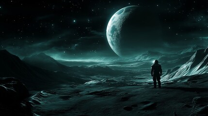 Canvas Print - a lone astronaut gazes at a distant planet in a surreal, dark, cosmic landscape.
