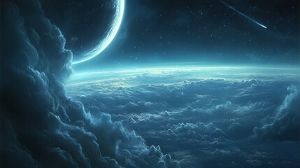 Canvas Print - a serene cosmic scene depicting a planet, cloud, and a comet in a starry sky.