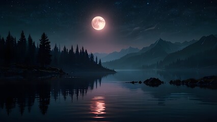  Futuristic night landscape with abstract landscape, dark forest, mountains, moonlight, shine. Dark natural scene with reflection of light in the water