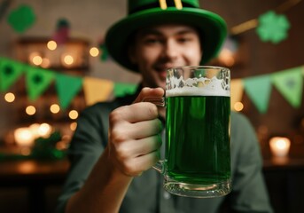 Blurred man with leprechaun hat toasting with green beer celebrating saint patrick's day