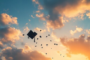 graduation season captured in a symbolic scene of a mortarboard tossed high in the air, celebration 