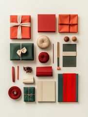 Poster - Flat lay arrangement of vibrant gift wrapping items including paper, ribbons, and decorative elements, leaving space for text. Generative AI