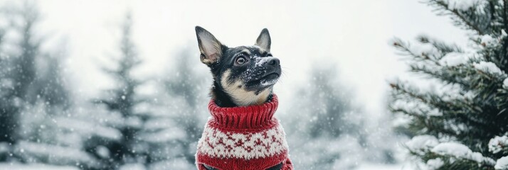 Poster - A cheerful dog wearing a colorful winter sweater sits in front of a snowy backdrop, surrounded by frosty trees and falling snowflakes. Generative AI