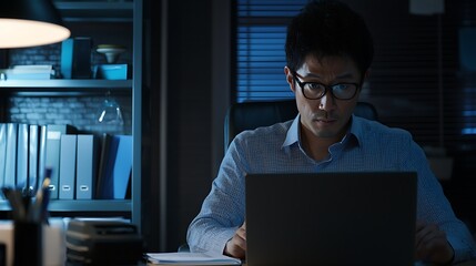 A man is sitting at a desk with a laptop open in front of him