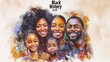 © Dirk - Big text 'Black History month', African American family watercolor portrait. African American history day. Mockup for poster or advertisement. Black men and women.