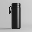© Fatih - Thermo tumbler mockup. Reusable Coffee travel mug. Insulated black water flask, fitness or gym product. Aluminum or steel tumblr template with handle for logo promotion, realistic bottle