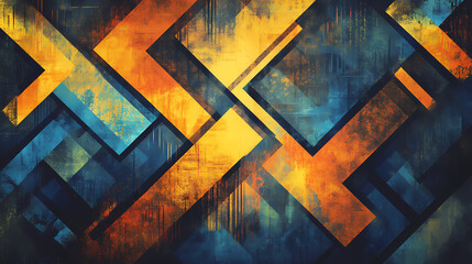 Poster - Glowing geometric patterns in fractured arrangements highlighted by radiant lines on a dark modern textured background. Radiant. Illustration