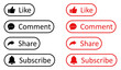 © Munnacreativehub - Like, Share, subscribe and comment icons buttons set with black and red color. Social media icons. Flat and outline style. Like, thumb up, comment, repost and share icon buttons. Vector illustration.