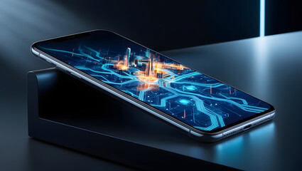 futuristic cityscape smartphone display