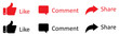 © Munnacreativehub - Like, Share and comment icons buttons set with black and red color. Like icon button, thumb up, comment, repost and share icon buttons. Social media notification icon set. Vector illustration.