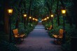 © typepng - A night-time picture of a park path, lit by lanterns, with a bench in view.