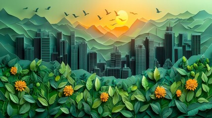 Wall Mural - A colorful papercut featuring a rooftop garden with greenery on a city building.