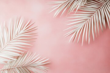 Wall Mural - A soft pink background with two white palm leaves on the left and right sides creating an elegant summer feel for a wedding invitation or branding design.