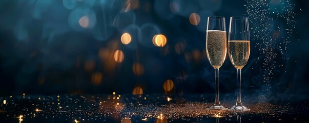 Festive banner. Two glasses of champagne on dark blue background with Christmas tree with lights bokeh, glitter and sparks, confetti. Christmas celebration concept with copy space for text. MZ