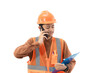 © Fajar - Young Indonesian male construction worker in full safety gear is on a voice call with his co-worker while holding a clipboard, construction and industry concept, isolated on white background.